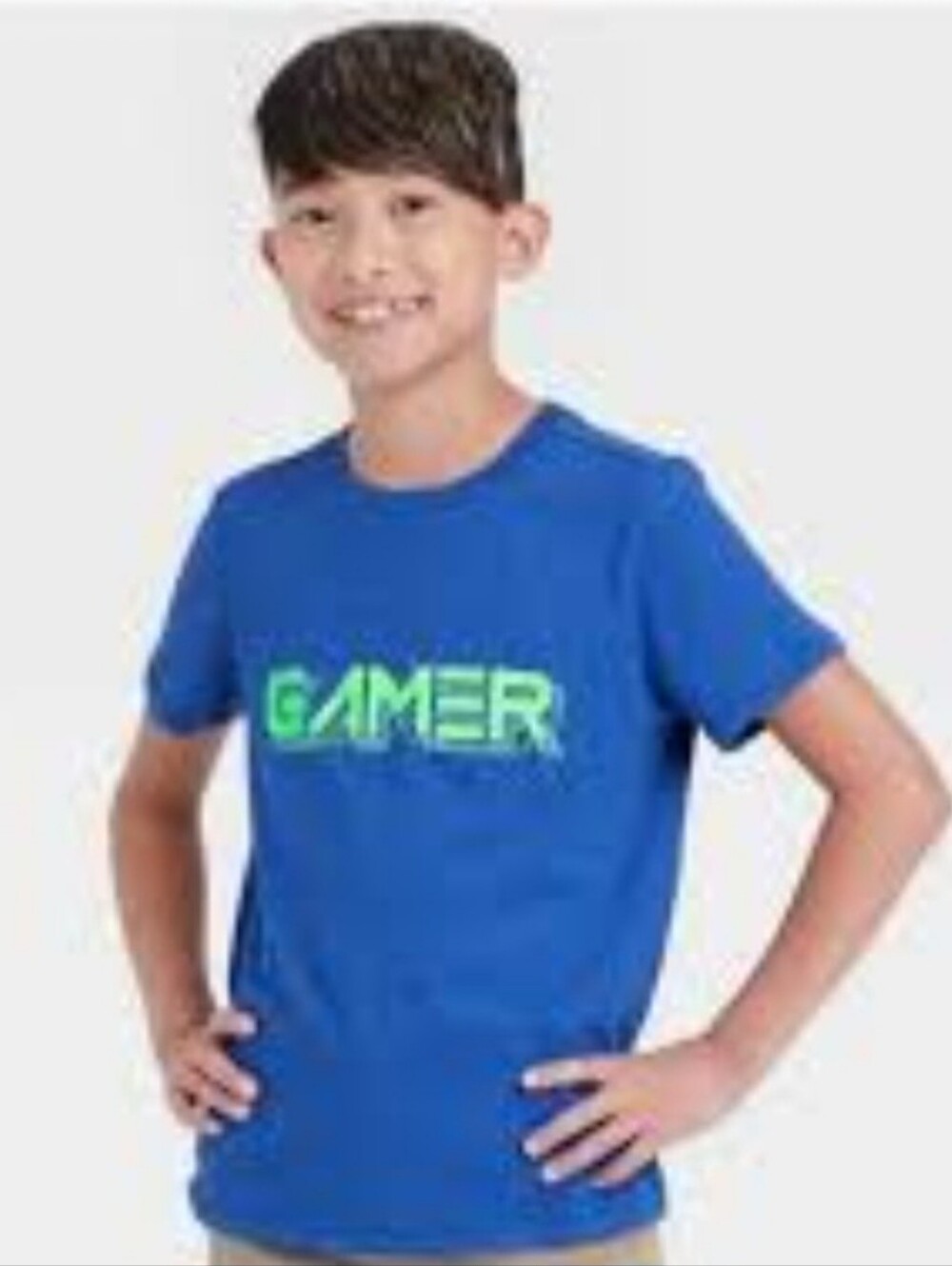 Cat & Jack blue kids t-shirt with green 'GAMER' graphic, size S (6/7)